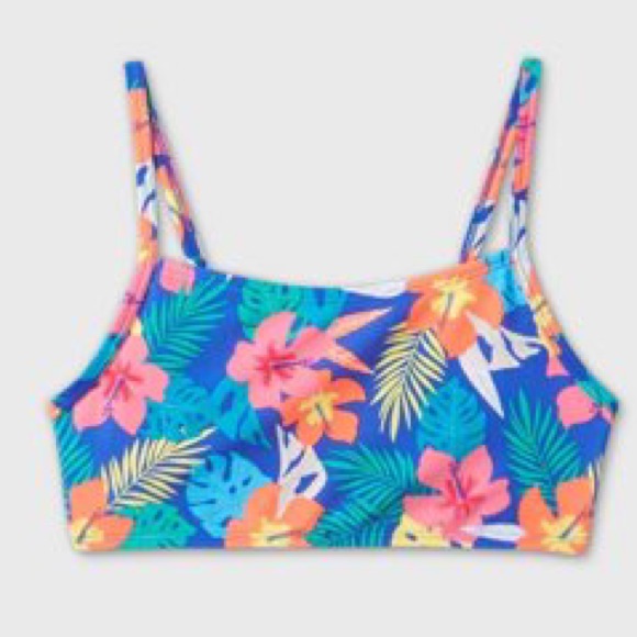 Cat & Jack Girls' Tropical Floral Bikini Swimsuit Top- Cat & Jack Blue Nwt